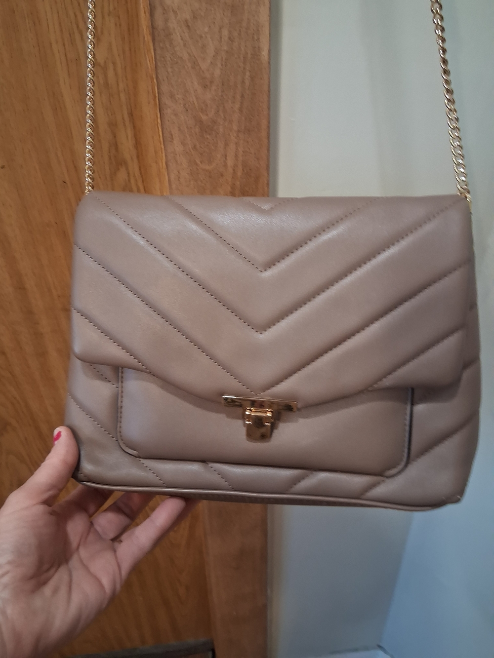 a new day Taupe Quilted Crossbody with Gold Chain